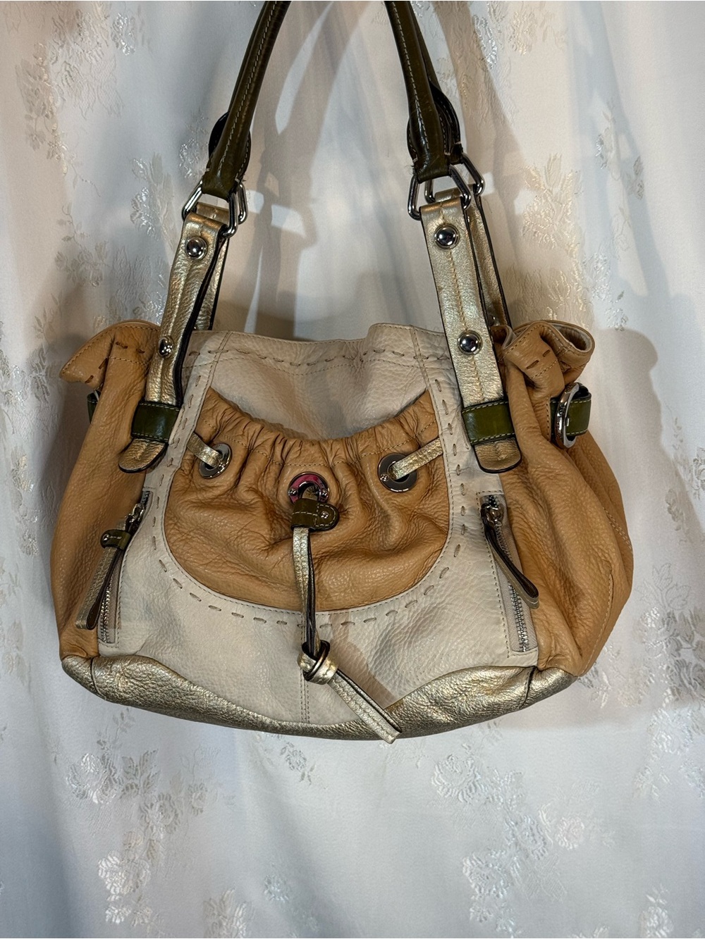 b. makowsky Two-Tone Tan & Cream Leather Shoulder Bag with Metallic Accents